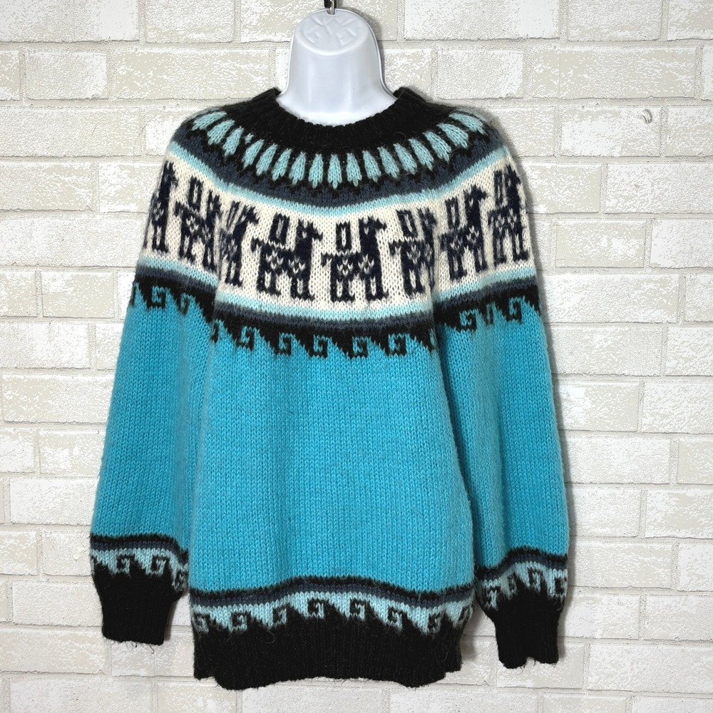 Women Hand Knit Wool Fair Isle Nordic Sweater Size M Llama Retro Cozy Cabin Ski